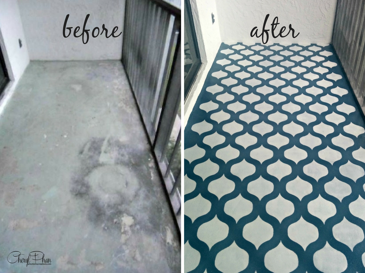 Painted and Stenciled Floor Before & After | Cheryl Phan of artzyfartzycreations.com