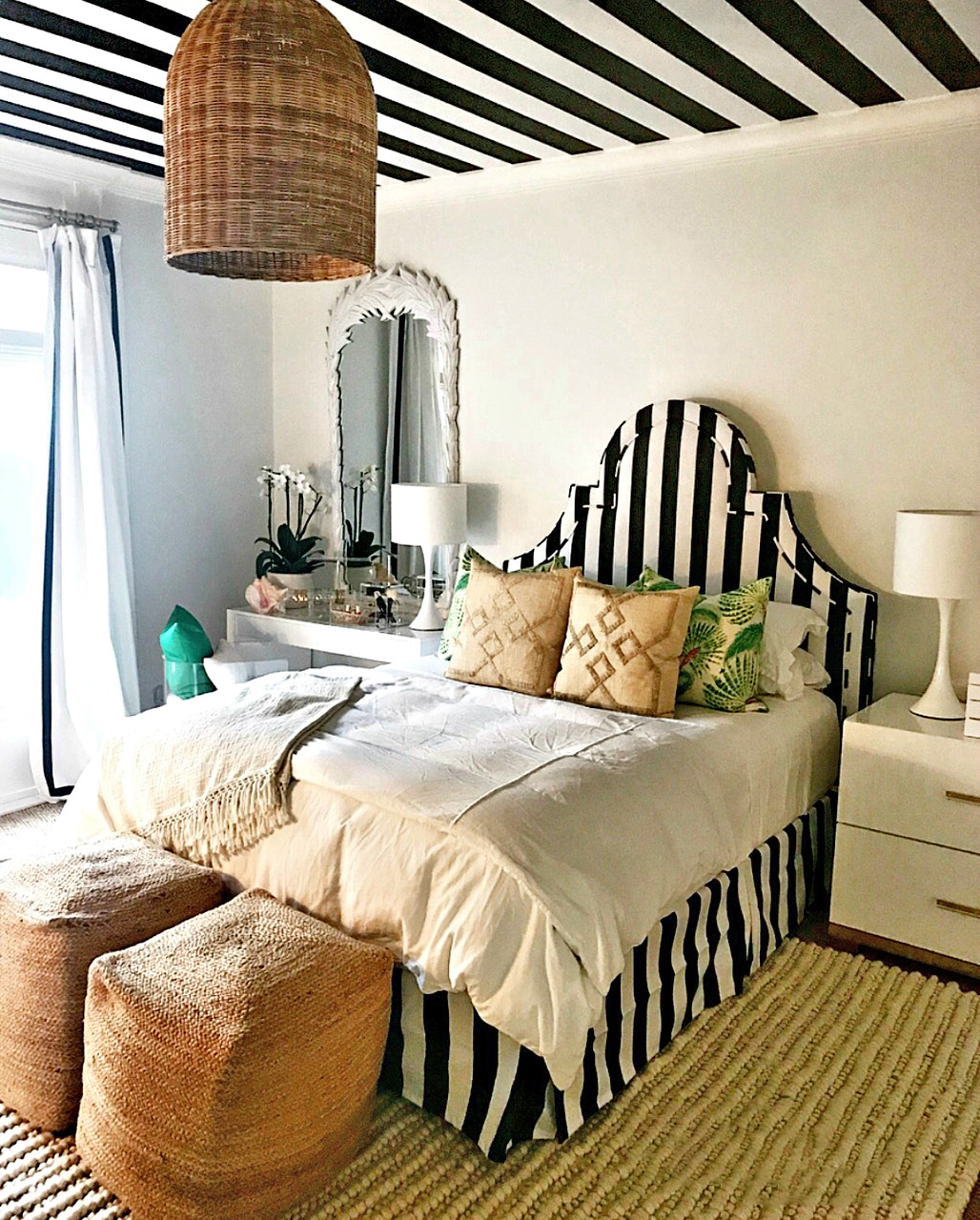 Black and white store striped bedroom