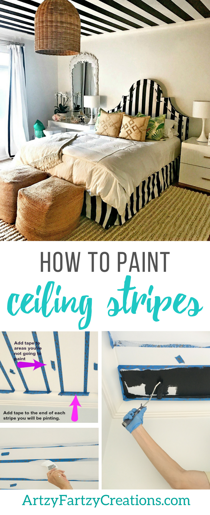 Black and White Striped Ceiling by Cheryl Phan | How to Paint Ceiling Stripes | Painted Ceiling Ideas | Bedroom Decorating Ideas 