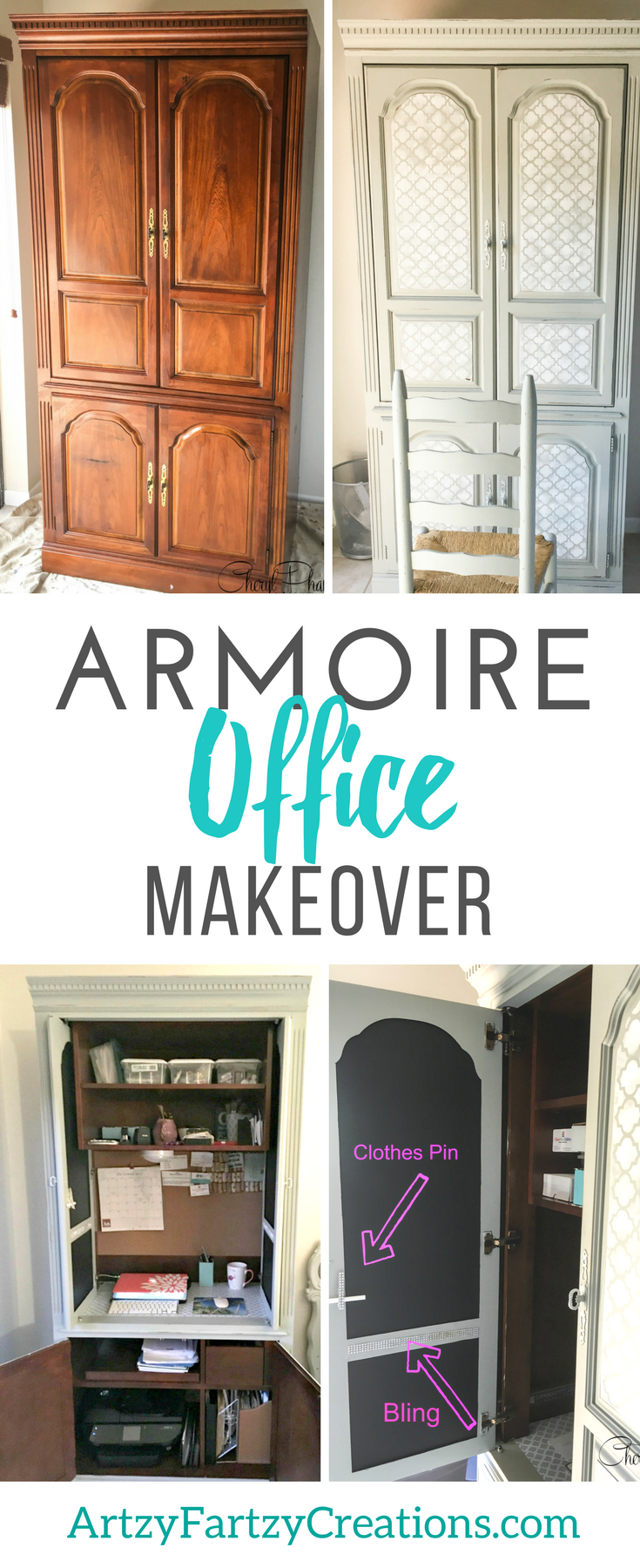 A great space saver! Office in an Armoire by Cheryl Phan | Office Organization Ideas | Armoire Office Ideas | Wardrobe Makeover | Furniture Painting Tips | Painted Furniture | Functional Furniture | Home Office Ideas | Office Space