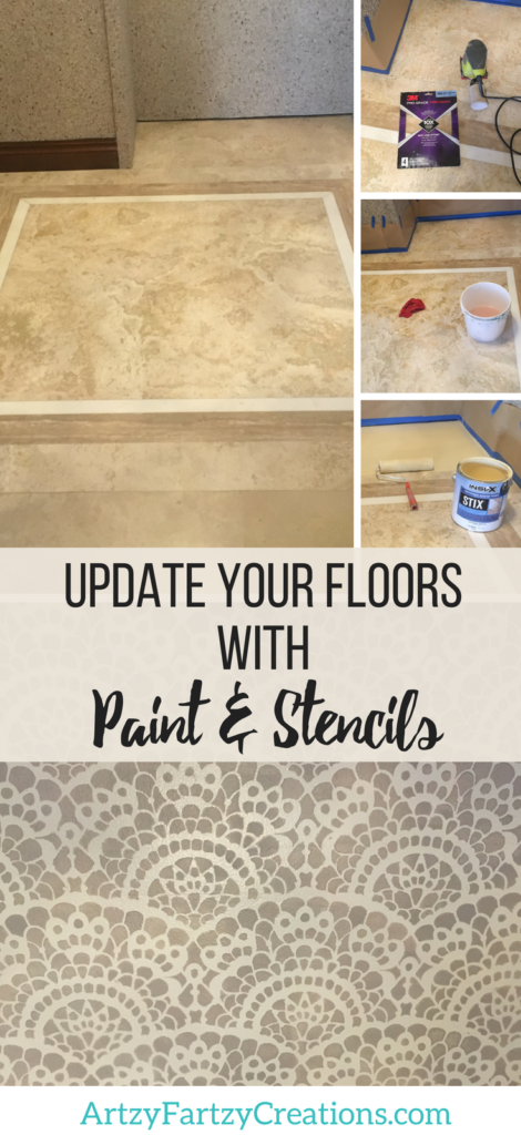 Paint and Stencil Tile Floor by ArtzyFartzyCreations.com & Cheryl Phan | Bathroom Makeover Ideas | #bathroommakeover | Tile Floor Upgrade | How to Stencil Tile | How to Paint Tile Floor Stencils 