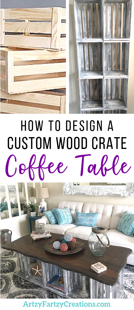 How to design a custom wood crate coffee table for less than $150 by Cheryl Phan @ ArtzyFartzyCreations.com #diy #homemakeover #homedecor