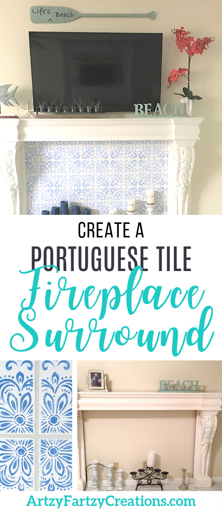 Portuguese Tile Fireplace Surround by Cheryl Phan -ArtzyFartzyCreations.com