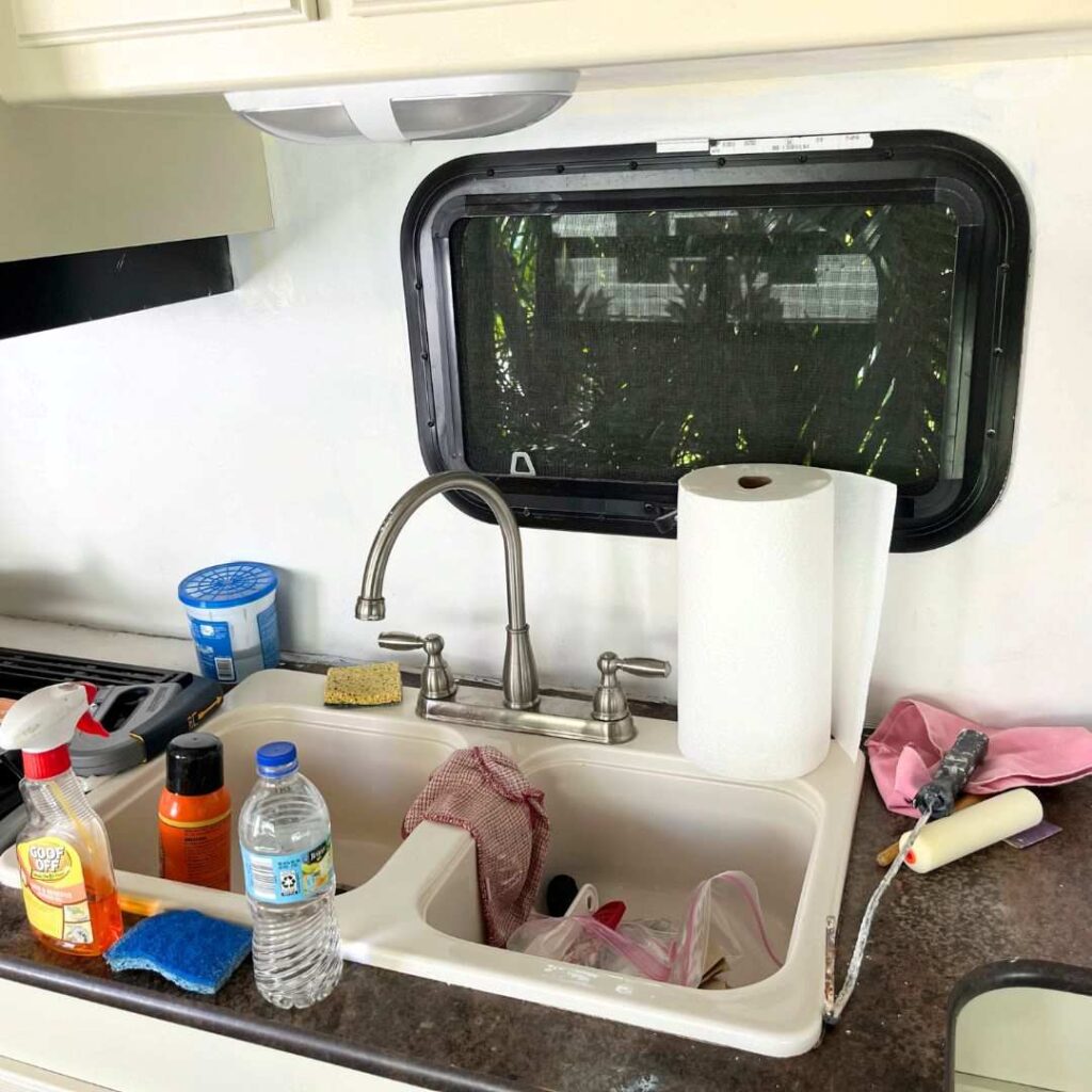 : RV kitchen makeover using adhesive tile, backsplash transformation - a clean and easy DIY project