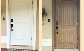 Before and after of a front door transformed from plain white to a rich faux wood grain finish, adding rustic charm and farmhouse appeal.