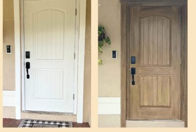 Before and after of a front door transformed from plain white to a rich faux wood grain finish, adding rustic charm and farmhouse appeal.