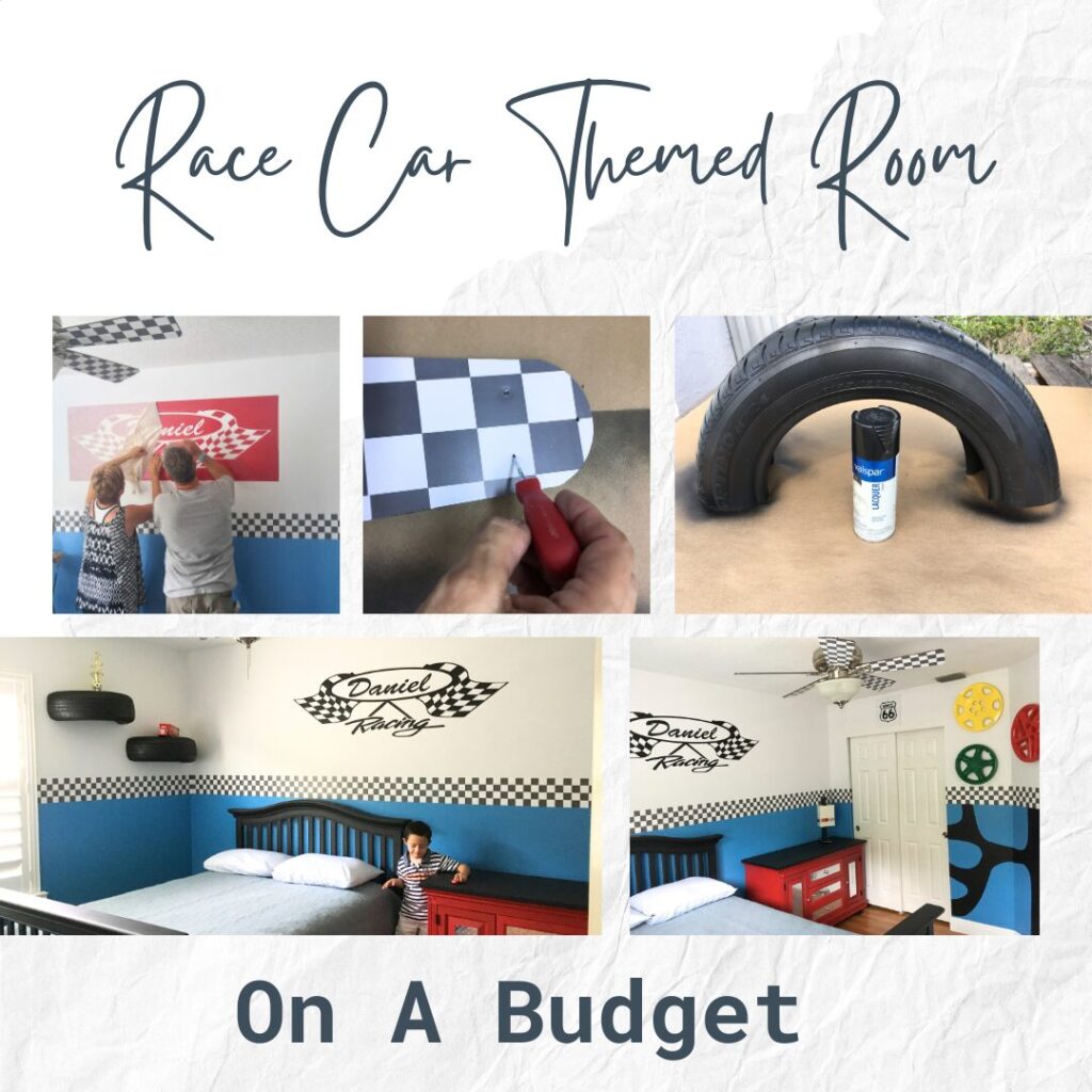  Colorful race car-themed bedroom with budget-friendly DIY decor, featuring race car wall stencils, and a checkered boarder and shelf made from golfcart tires. 