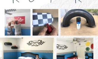 Colorful race car-themed bedroom with budget-friendly DIY decor featuring race car wall stencils and a checkered border and shelf made from golf cart tires.