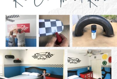 Colorful race car-themed bedroom with budget-friendly DIY decor featuring race car wall stencils and a checkered border and shelf made from golf cart tires.