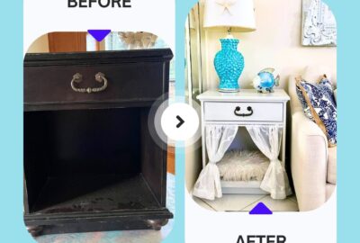 Upcycled nightstand transformed into a stylish DIY puppy bed with a cozy cushion, sheer curtains, and personalized name decal.