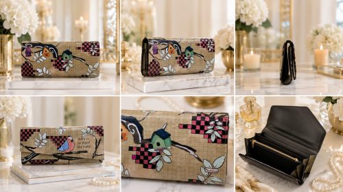 Hand-painted wallet featuring whimsical birdhouses, colorful birds, checkerboard accents, branches, and the phrase "there is no place like home" by Cheryl Phan.