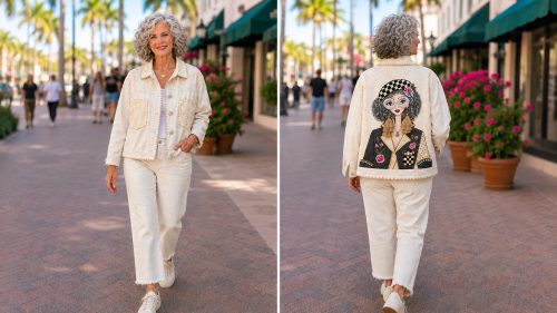 Hand-painted Whimsy Muse denim jacket featuring a whimsical crowned queen, colorful florals, checkerboard accents, sparkling embellishments, and original wearable art on the front and back.