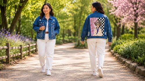 Hand-painted Whimsy Muse denim jacket featuring a whimsical crowned queen, colorful florals, checkerboard accents, sparkling embellishments, and original wearable art on the front and back.