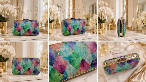 One-of-a-kind hand-painted clutch purse featuring a colorful harlequin diamond pattern in aqua, emerald, violet, blush, and gold accents by Cheryl Phan