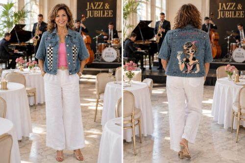 Hand-painted Whimsy Muse denim jacket featuring a whimsical crowned queen, colorful florals, checkerboard accents, sparkling embellishments, and original wearable art on the front and back.
