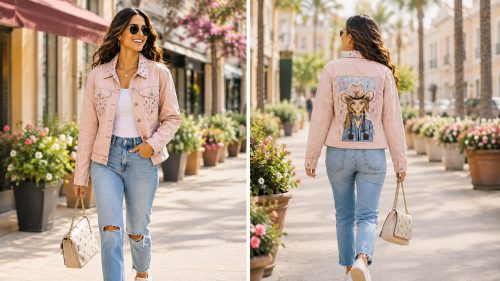 Hand-painted blush pink Whimsy Muse denim jacket featuring a whimsical cowgirl wearing a pink hat, vintage Western-inspired artwork, and one-of-a-kind wearable art details on the back.