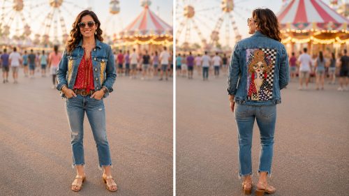 Hand-painted Whimsy Muse denim jacket featuring a whimsical crowned queen, colorful florals, checkerboard accents, sparkling embellishments, and original wearable art on the front and back.
