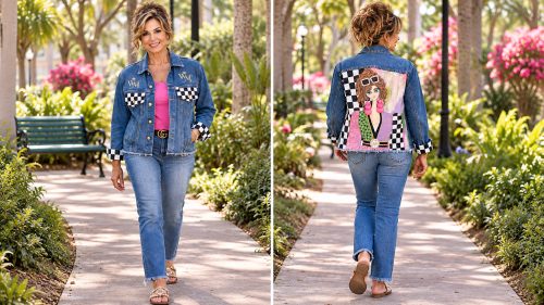Arabella Quill one-of-a-kind hand-painted Whimsy Muse denim jacket with colorful portrait and black-and-white checkered details.
