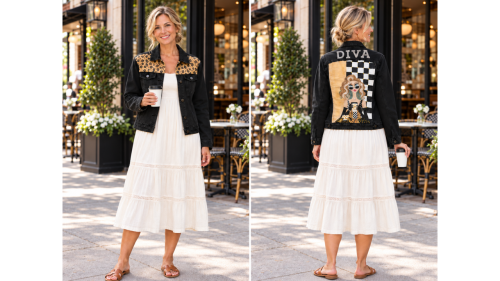 Front and back views of Diva Latte black denim jacket with gold leopard-print yoke and hand-painted coffee-loving Muse, modeled over a white sundress.